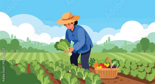 Vector illustration of an Asian farmer harvesting vegetables in a sunny field, symbolizing organic food production and daily rural agriculture life in flat vector style