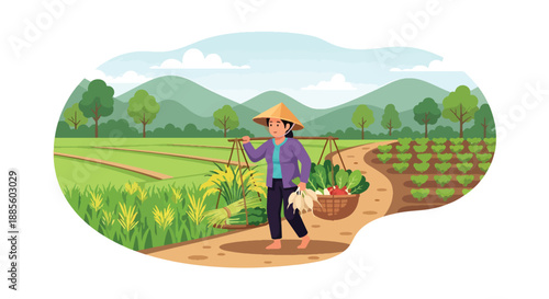 Vector illustration of an Asian farmer carrying harvested crops on a shoulder pole, reflecting traditional transport and hardworking rural agriculture lifestyle in flat vector style