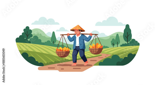 Vector illustration of an Asian farmer carrying harvested crops on a shoulder pole, reflecting traditional transport and hardworking rural agriculture lifestyle in flat vector style