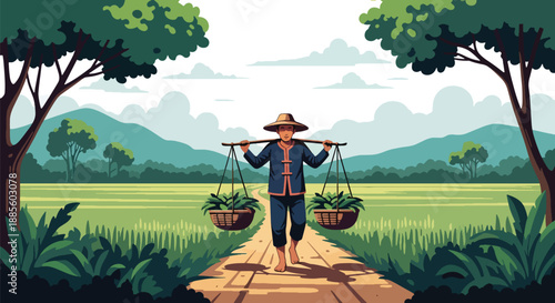 Vector illustration of an Asian farmer carrying harvested crops on a shoulder pole, reflecting traditional transport and hardworking rural agriculture lifestyle in flat vector style