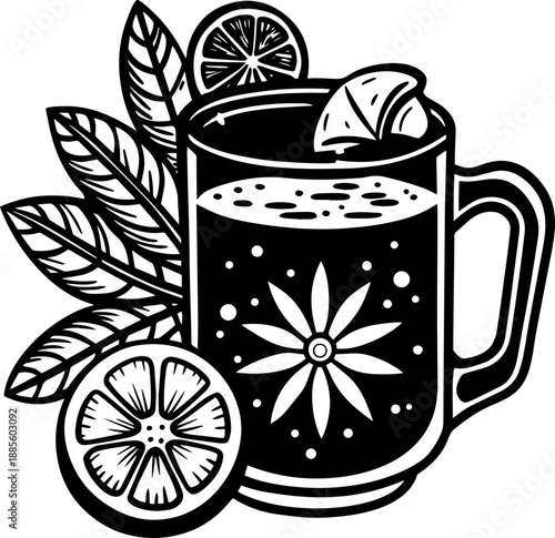 A black and white line art drawing of a glass mug filled with herbal tea and lemon slices Illustration