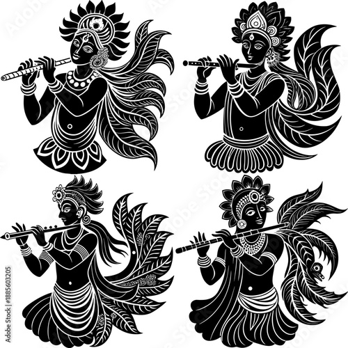 Wallpaper Mural Set of A stylized black and white vector illustration of the Hindu deity Krishna holding a bansuri. Torontodigital.ca