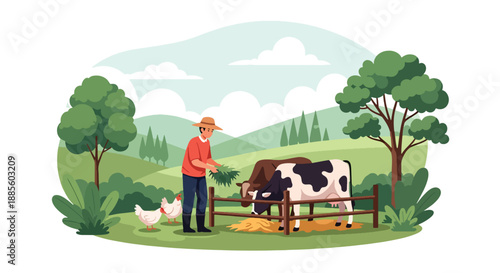 Vector illustration of an Asian farmer feeding livestock in a small enclosure, representing animal care and balanced rural farm life in flat vector style