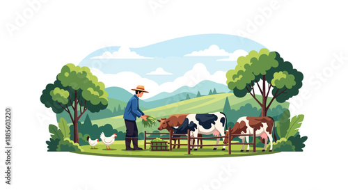 Vector illustration of an Asian farmer feeding livestock in a small enclosure, representing animal care and balanced rural farm life in flat vector style