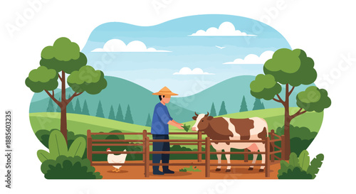 Vector illustration of an Asian farmer feeding livestock in a small enclosure, representing animal care and balanced rural farm life in flat vector style