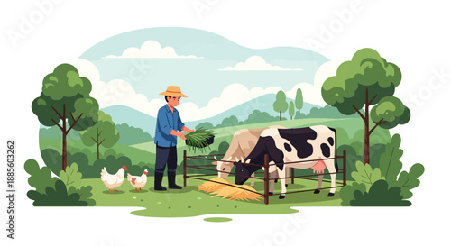 Vector illustration of an Asian farmer feeding livestock in a small enclosure, representing animal care and balanced rural farm life in flat vector style