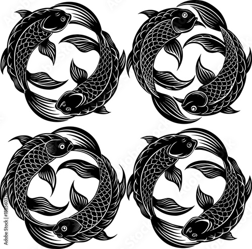 Set of A black and white vector design of two carp fishes forming a circle.