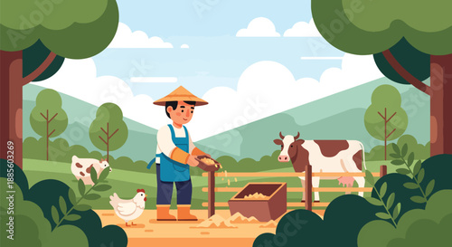 Vector illustration of an Asian farmer feeding livestock in a small enclosure, representing animal care and balanced rural farm life in flat vector style
