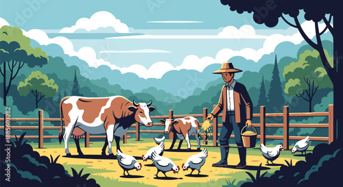 Vector illustration of an Asian farmer feeding livestock in a small enclosure, representing animal care and balanced rural farm life in flat vector style
