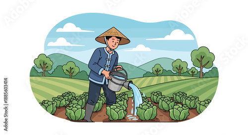 Vector illustration of an Asian farmer watering crops with buckets, showing traditional irrigation methods and daily sustainable agriculture in a flat vector countryside scene