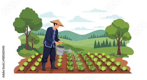 Vector illustration of an Asian farmer watering crops with buckets, showing traditional irrigation methods and daily sustainable agriculture in a flat vector countryside scene