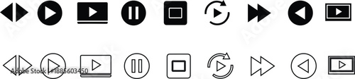 Media control icons set isolated on white background. Universal playback, pause, stop, rewind and forward symbols for audio and video interfaces. Ideal for  app, web, and multimedia design. 