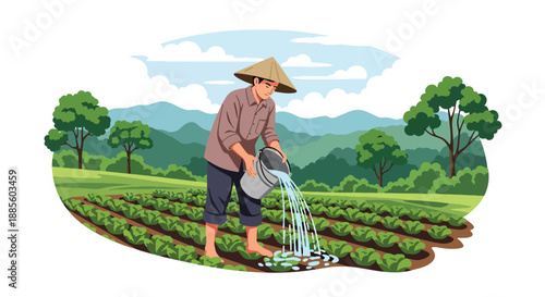 Vector illustration of an Asian farmer watering crops with buckets, showing traditional irrigation methods and daily sustainable agriculture in a flat vector countryside scene