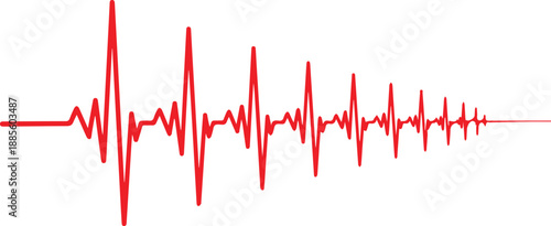 Audio waveform pulse isolated on white background. Red sound signal visualization showing music, voice, or heartbeat frequency. Ideal for audio editing, recording, podcast, and sound design. 