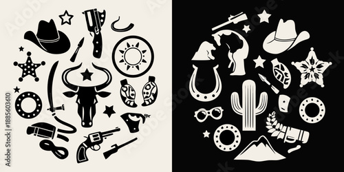 A split composition featuring western elements cowboy hats guns cacti and sheriff badges