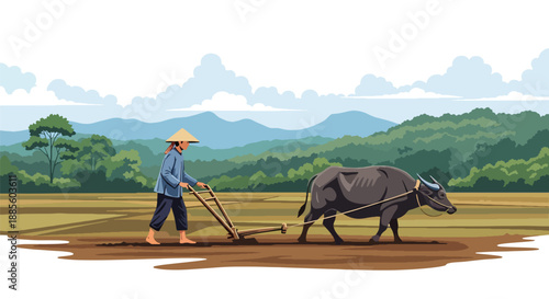 Vector illustration of an Asian farmer plowing a field using traditional methods, preparing fertile soil and supporting sustainable rural farming in flat vector style