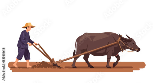 Vector illustration of an Asian farmer plowing a field using traditional methods, preparing fertile soil and supporting sustainable rural farming in flat vector style