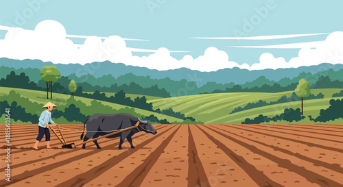 Vector illustration of an Asian farmer plowing a field using traditional methods, preparing fertile soil and supporting sustainable rural farming in flat vector style