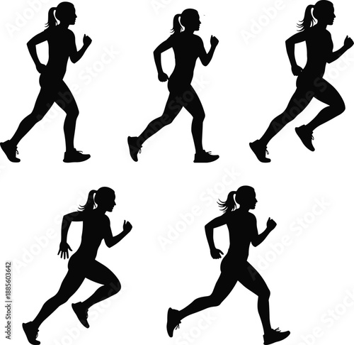 Set of black silhouettes featuring a woman in various running and jogging stages including sprinting, marathons, cardio workouts, and athletic fitness poses