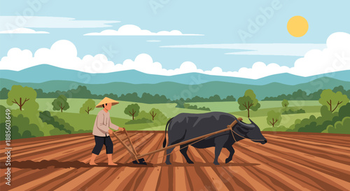 Vector illustration of an Asian farmer plowing a field using traditional methods, preparing fertile soil and supporting sustainable rural farming in flat vector style