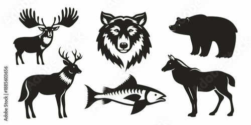 North american wildlife collection a moose bear wolf deer and fish illustration
