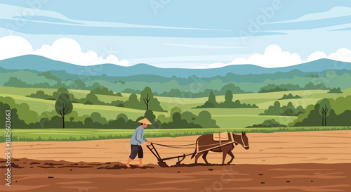 Vector illustration of an Asian farmer plowing a field using traditional methods, preparing fertile soil and supporting sustainable rural farming in flat vector style