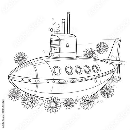 Line art of a whimsical submarine surrounded by flowers and bubbles