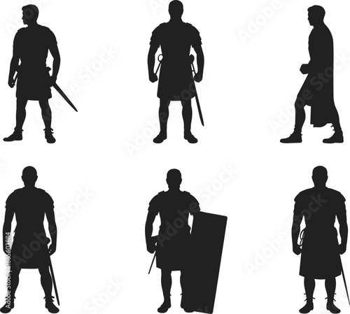 Set of black silhouettes featuring ancient Roman soldiers and gladiators wearing traditional armor while holding swords and shields in various positions