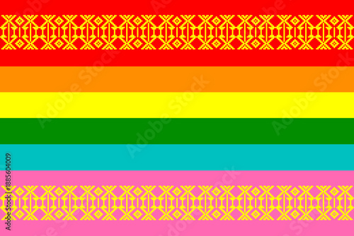 Colorful pixel art pattern inspired by textile motifs, celebrating love, diversity, and LGBTQ+ pride with vibrant hearts and geometric symmetry, ideal for fabric, wallpaper, and vector illustration 