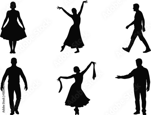 Set of black silhouettes featuring elegant ballroom dancers in long dresses performing expressive poses alongside men in casual and formal standing positions