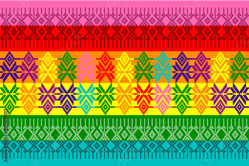 Colorful pixel art pattern inspired by textile motifs, celebrating love, diversity, and LGBTQ+ pride with vibrant hearts and geometric symmetry, ideal for fabric, wallpaper, and vector illustration 