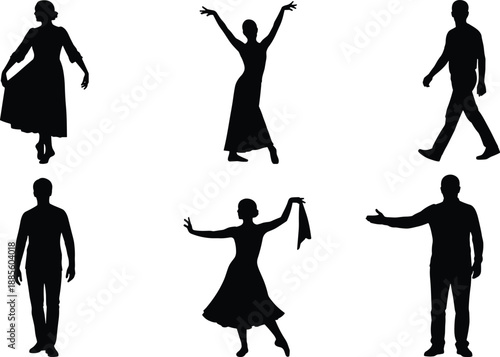 Set of black silhouettes featuring elegant ballroom dancers in long dresses performing expressive poses alongside men in casual and formal standing positions