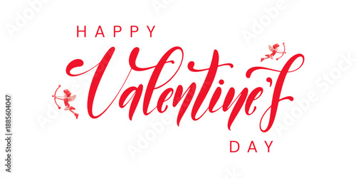 Vector lettering for Happy Valentine's Day with cupids flying around isolated on white background.