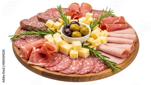 Delicious charcuterie board with meats cheeses olives and rosemary on transparent background