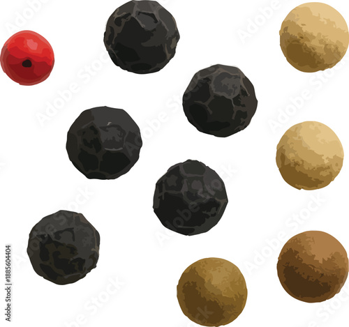 Assortment of Peppercorns and Allspice Berries on White Keywords: peppercorns, allspice, spice