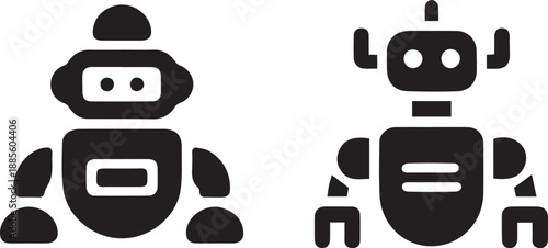 Set of two minimalist robot icons, black and white, simple and modern design