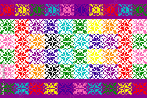 Colorful pixel art pattern inspired by textile motifs, celebrating love, diversity, and LGBTQ+ pride with vibrant hearts and geometric symmetry, ideal for fabric, wallpaper, and vector illustration 