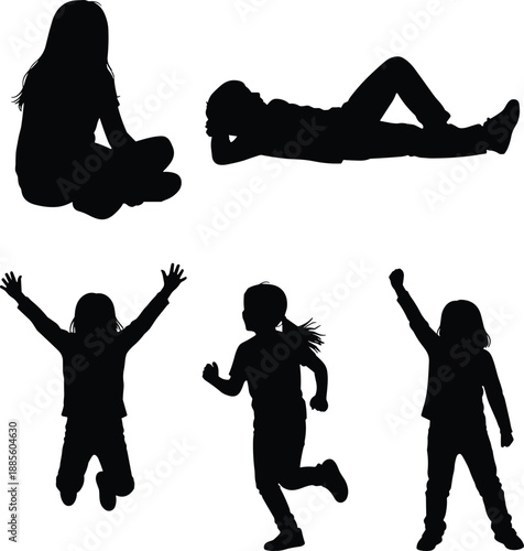 Set of black silhouettes featuring young children in various active and playful poses including jumping, running, sitting, and lying down