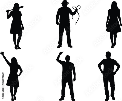 Set of black silhouettes featuring people in various poses including a woman with a baseball bat, waving, and holding a ribbon
