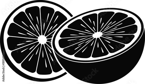 Citrus fruit vector silhouette, black and white lemon or orange slice illustration