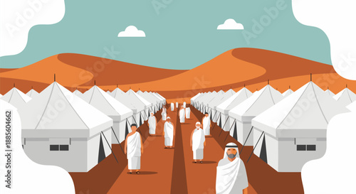 Spiritual Journey Illustration A Vector Scene of Pilgrims in Tents Amidst Desert Dunes, symbolizing faith and community