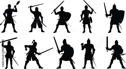 Set of medieval knight silhouettes in armor holding swords and shields standing in various battle poses isolated on white background