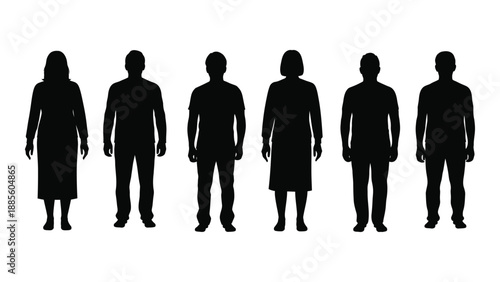 Silhouettes of six individuals standing isolated on white background, Vector