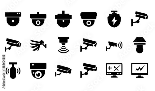 Security Camera Icon Set – CCTV Surveillance Flat Black Vector Icons