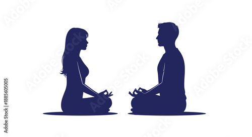 Blue silhouettes of a man and a woman sitting face to face in a meditation pose on a plain white background.