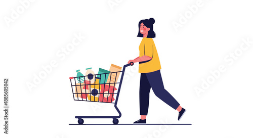 Happy young woman with dark hair pushing a metal shopping cart filled with healthy groceries through a supermarket aisle.