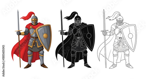 Three versions of a medieval knight in full armor holding a sword and shield, shown in color, black, and outline.