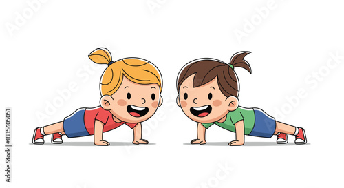 Two cheerful young girls with ponytails practicing pushups together in a healthy lifestyle illustration for kids.