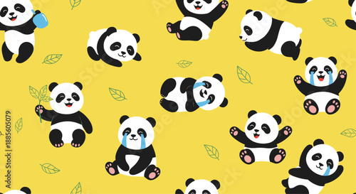 Seamless pattern featuring adorable cartoon pandas in various playful poses including crying waving and eating on a vibrant yellow background.