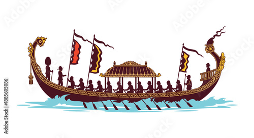 Traditional ornate royal barge with many rowers and flags sailing on water in this detailed cultural illustration.